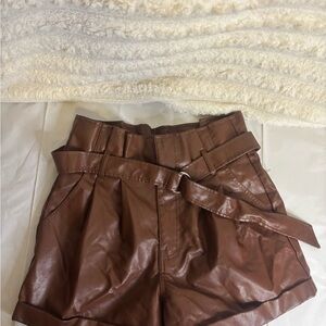 High Waist Brown Leather Shorts with Belt